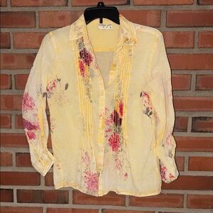 Vintage goa butter yellow small 100% cotton Floral Yellow Women's Top button fr